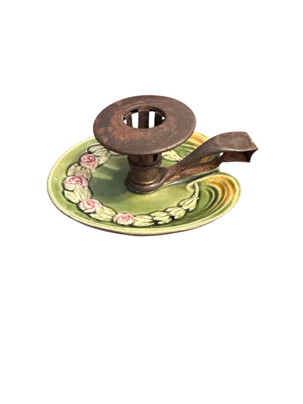 Candle Holder Green Base Decorated With Pink Roses And Metal Top And Handle Vtg