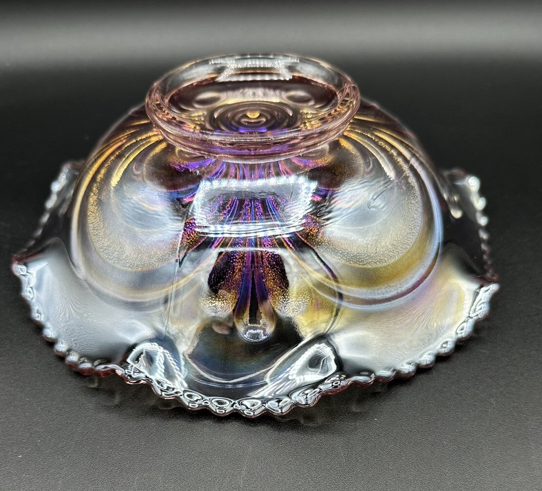 Bowl Iridescence Sawtooth Pearl Imperial Art Glass Scroll Pink Ruffled Vintage