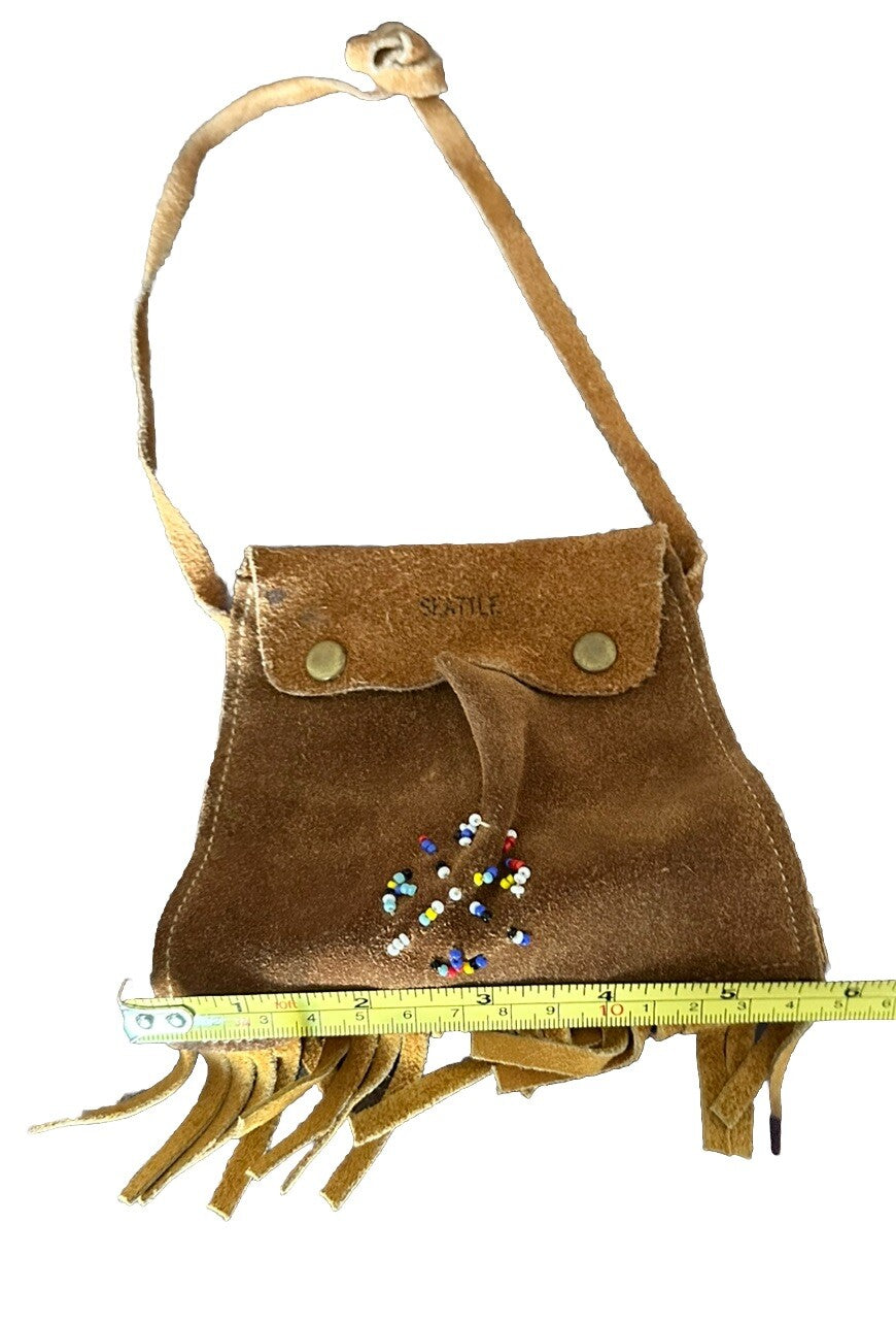 Coin Leather Pouch Purse 4.5” X 6” With Fringe 24” Thin Strap Seattle Vintage