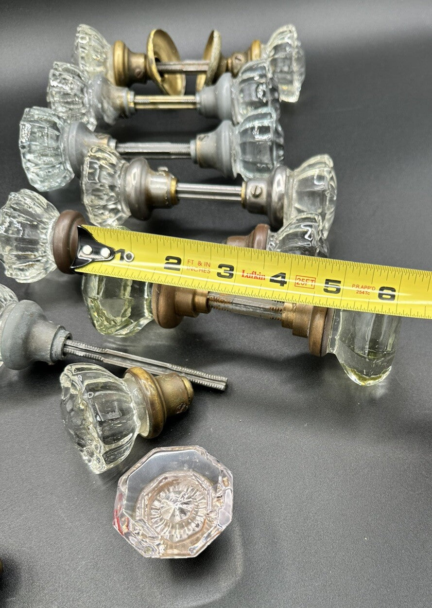 Antique Door Knobs Brass Collar & Spindles Hardware 7 Sets Glass 12 pt