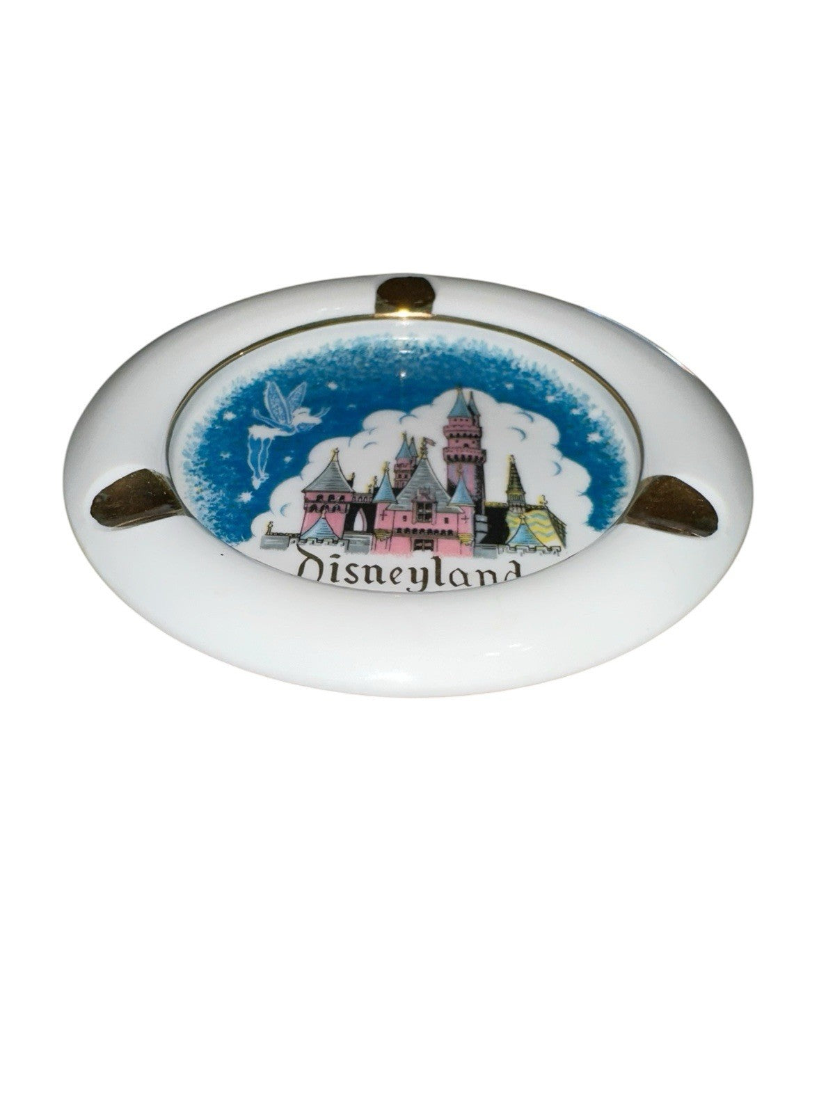 Ashtray Tinkerbell Gold Pink Aqua Colors Ceramic 5" Disneyland Castle Vtg