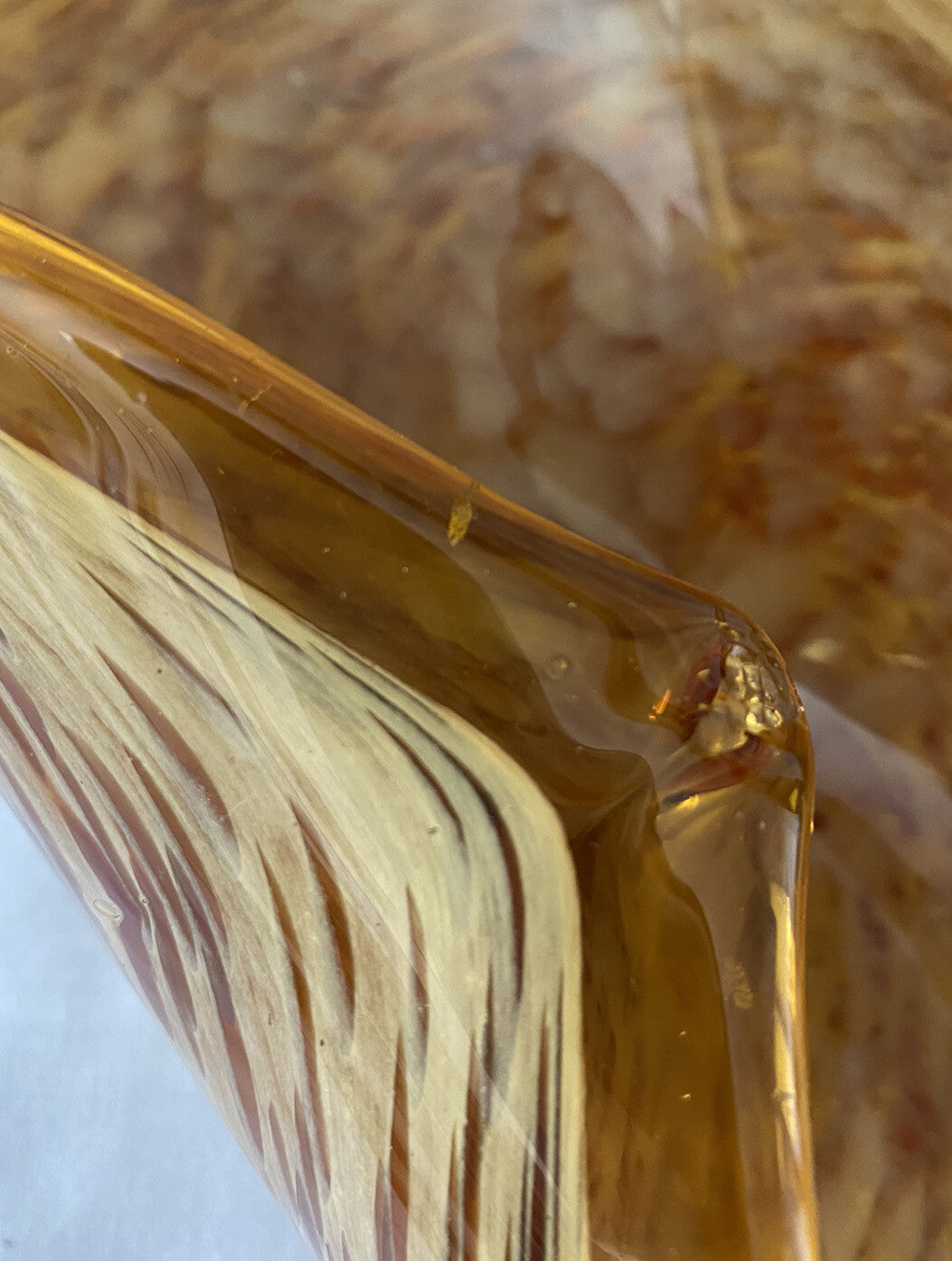 Bowl Folded Amber Made In Italy Murano White Cristal Crystal Art Glass Vintage