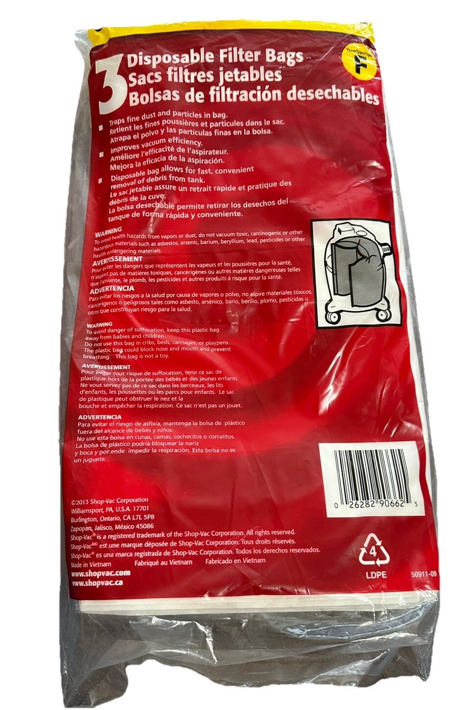 Shop Vac 90662 10-14 Gallon Disposable Vacuum Cleaner Filter Bags Package 3 New