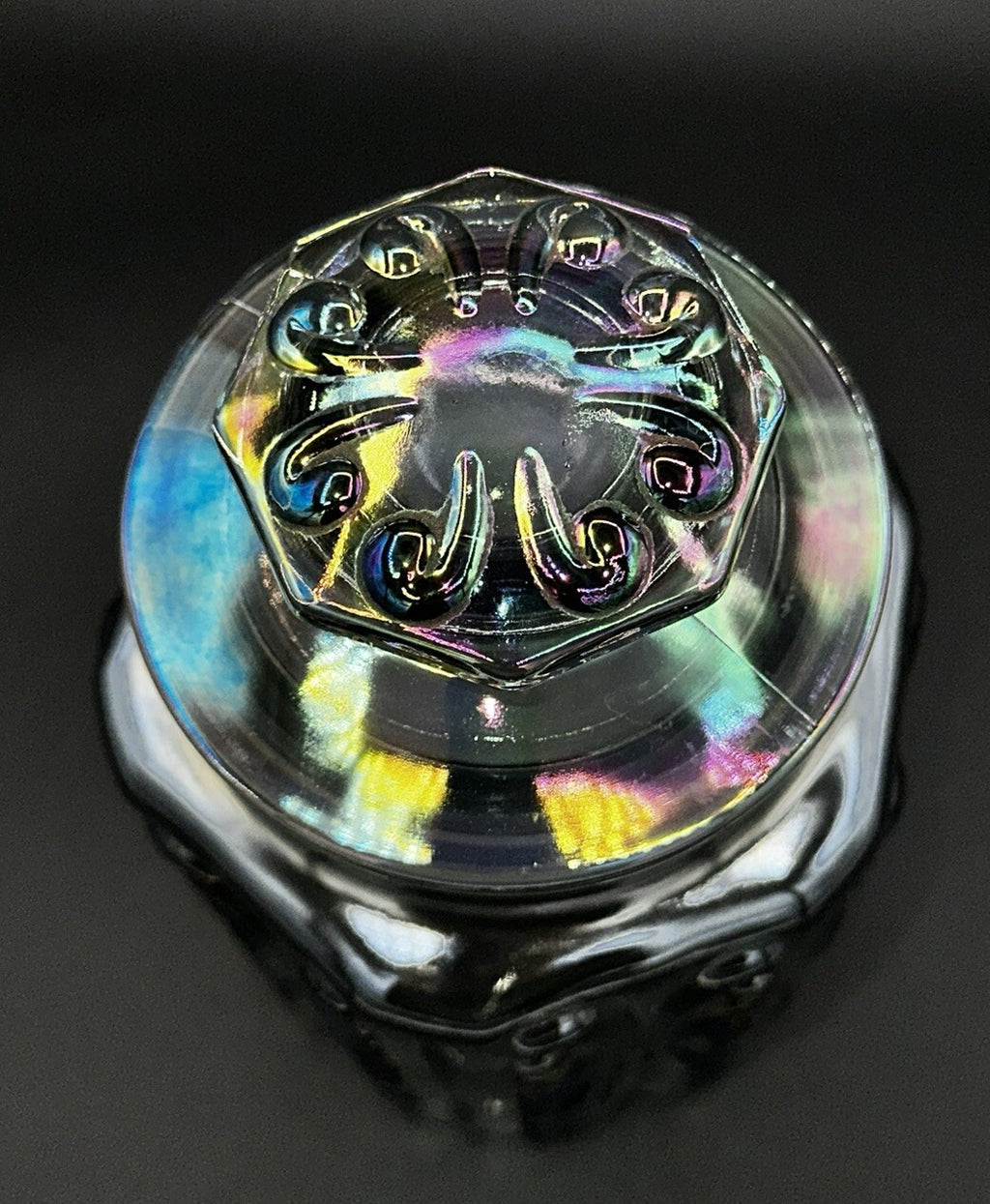 Cookie Jar Canister Carnival Glass Purple Iridescent Embossed Rainbow Vintage