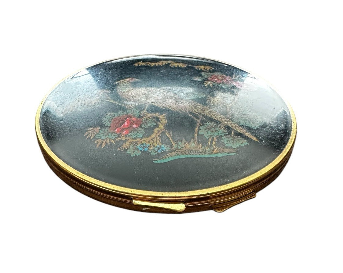 Compact Mirror England Stratton Pheasant Black/Gold Enamel Face Powder Vintage