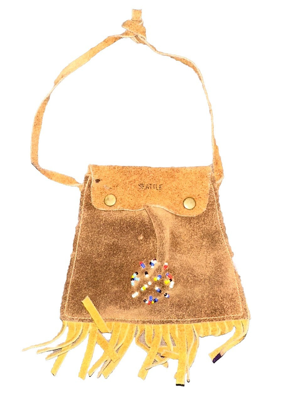 Coin Leather Pouch Purse 4.5” X 6” With Fringe 24” Thin Strap Seattle Vintage