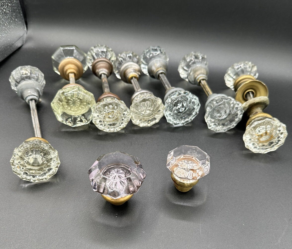Antique Door Knobs Brass Collar & Spindles Hardware 7 Sets Glass 12 pt