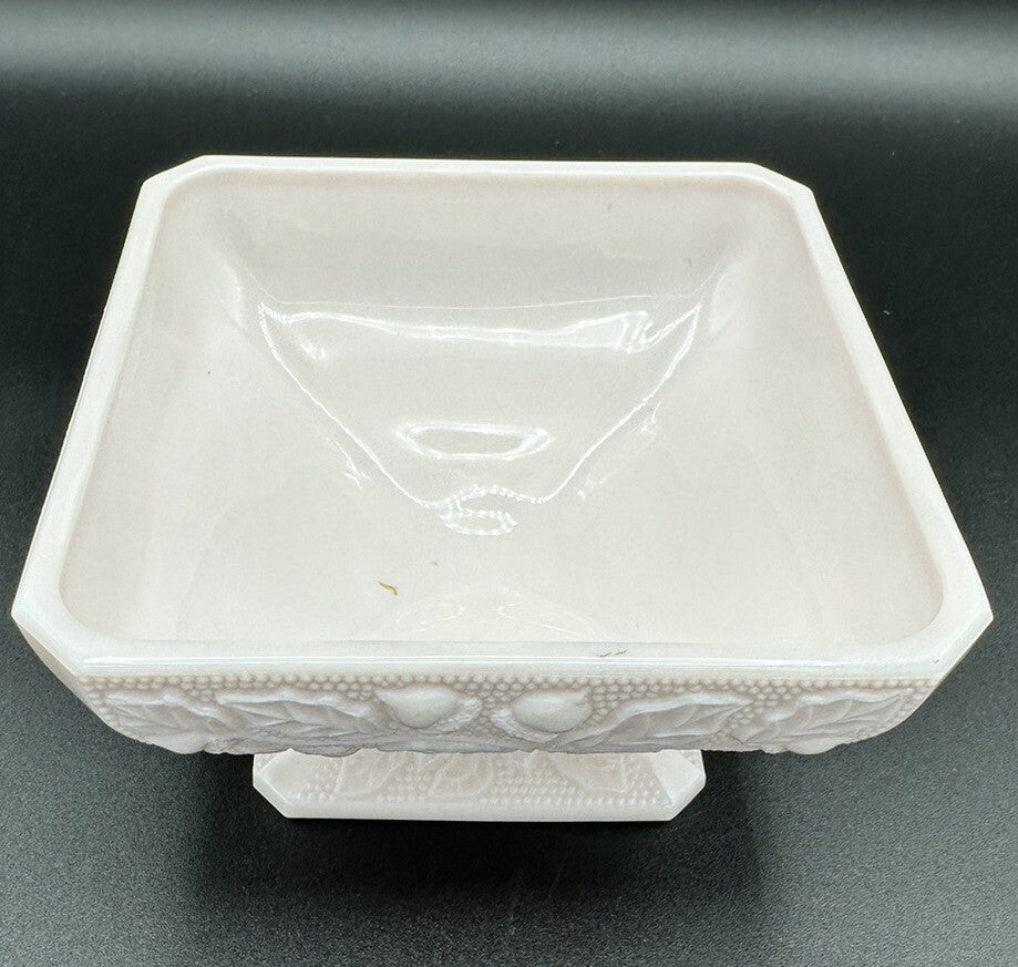 Candy Nut Dish Acorn & Leaf Pattern Base Jeanette Shell Pink Milk Glass Vintage