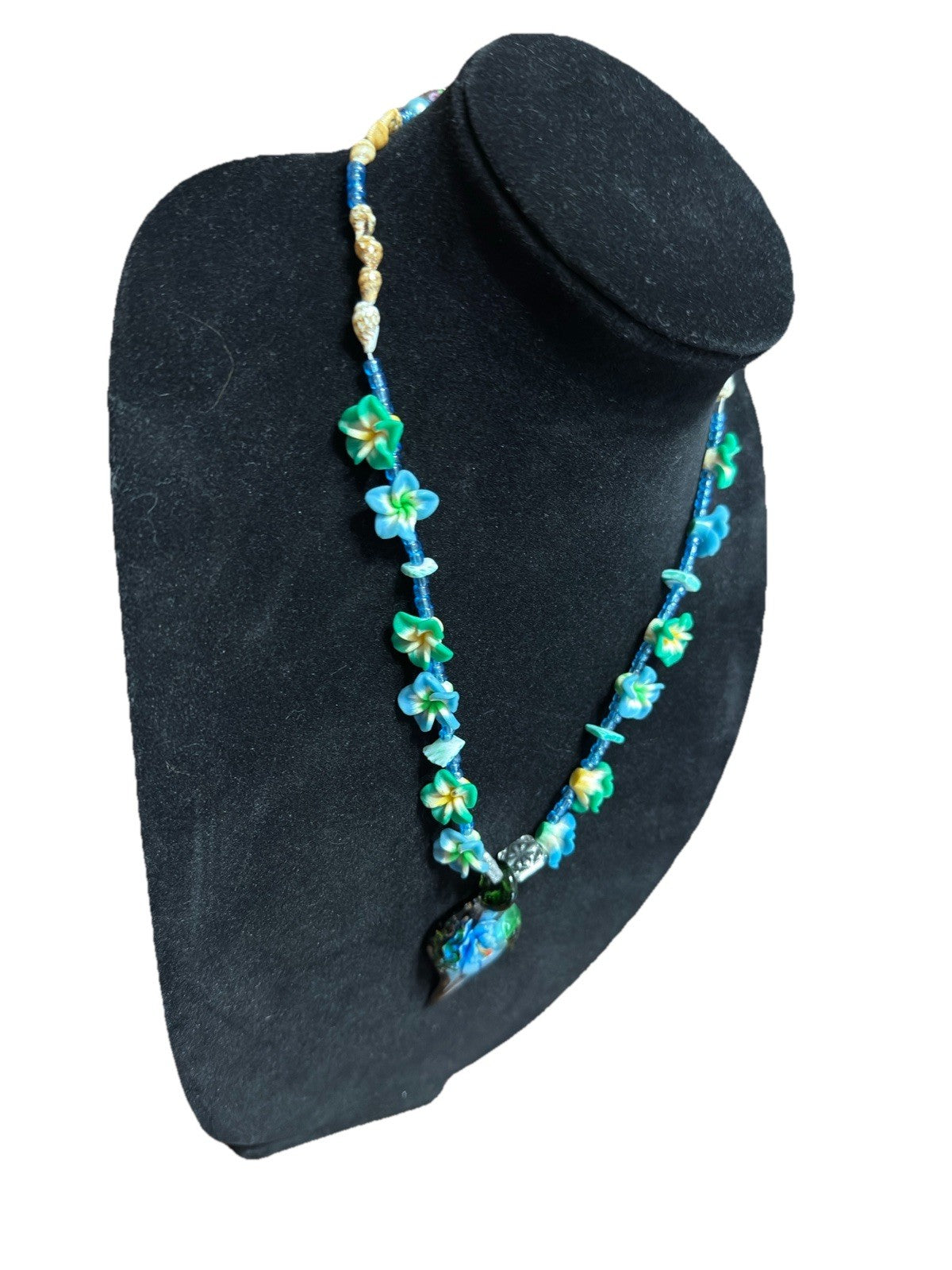 Blue Green Art Glass Pendant Beaded Floral Necklace