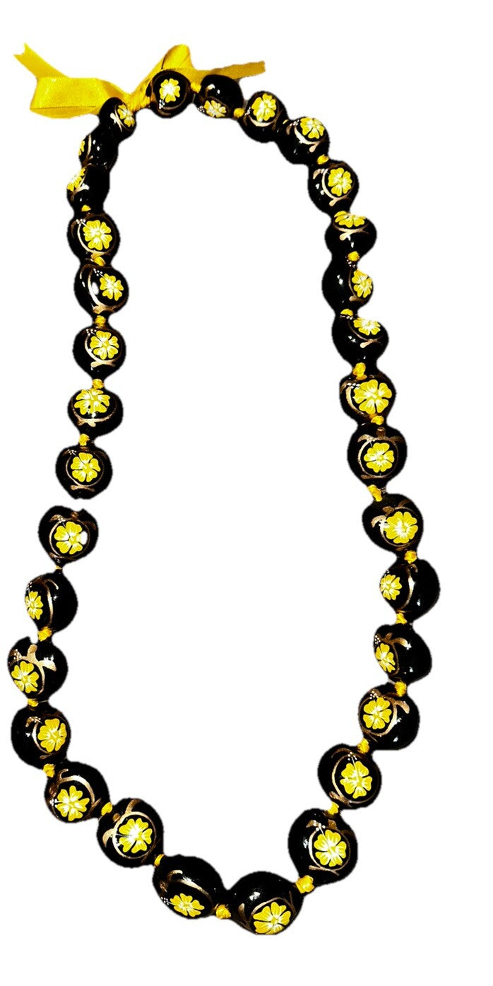 Kukui Nut Necklaces Hand Painted Hibiscus, Orange And Yellow Gold (2) Hawaiian