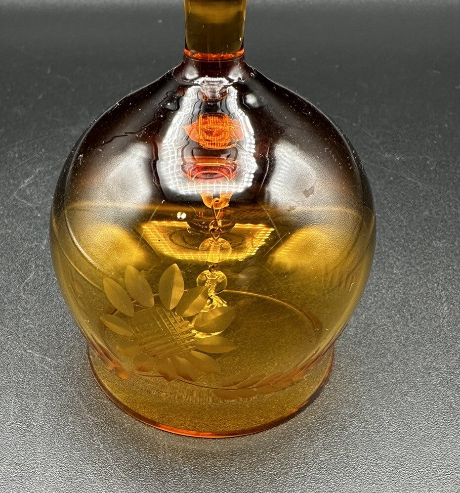 Bell Sunflower & Leaf Etched Design Krosno Amber Glass Vintage