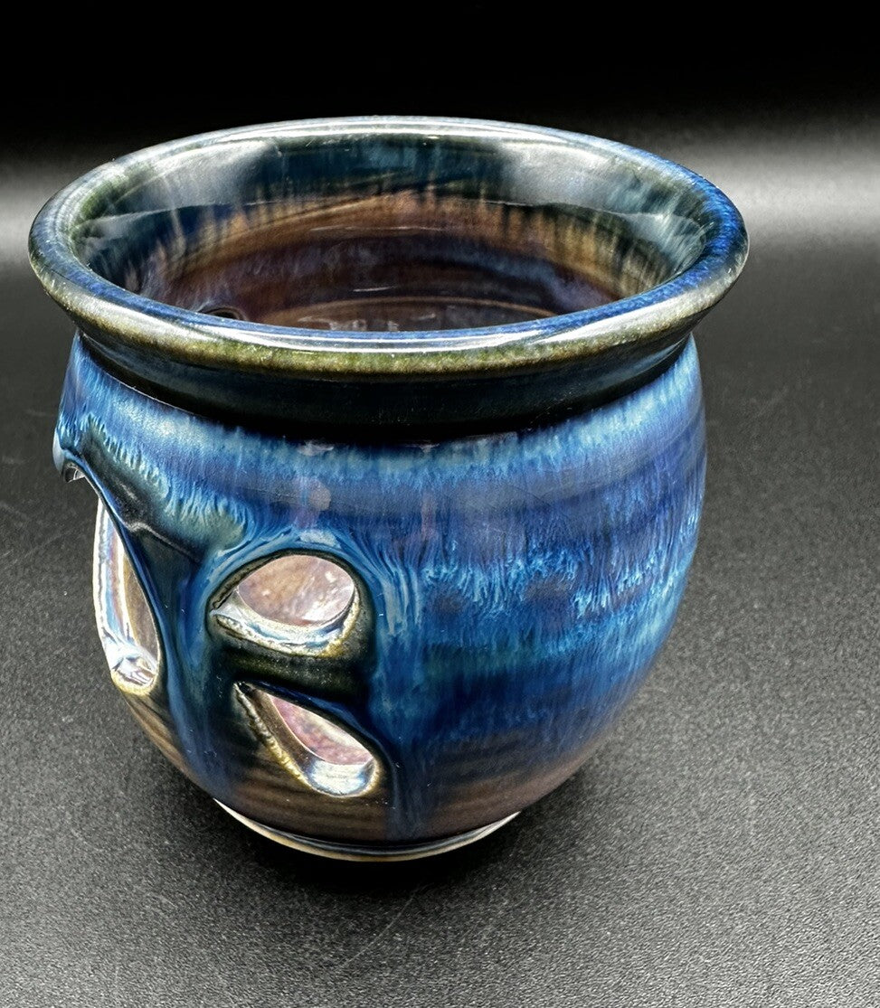 Art Pottery Votive Signed Olsen Blue Purple Maroon Heart Cut Out