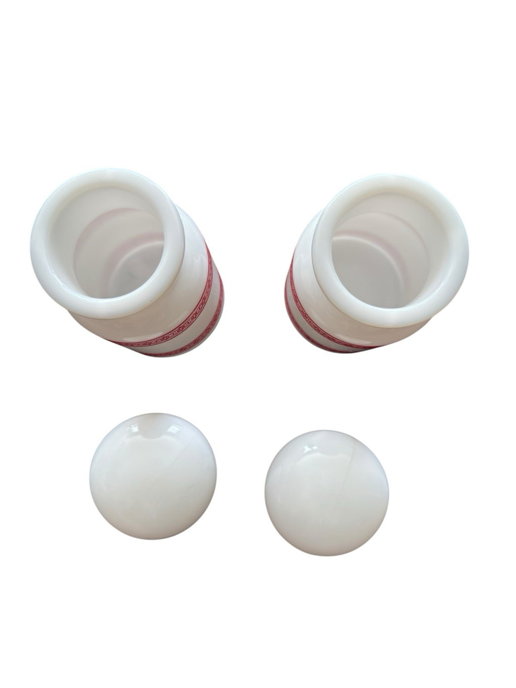 Apothecary Jar Red/White Pattern Set Of 2 Milk Glass Bubble Top Belgian Vintage