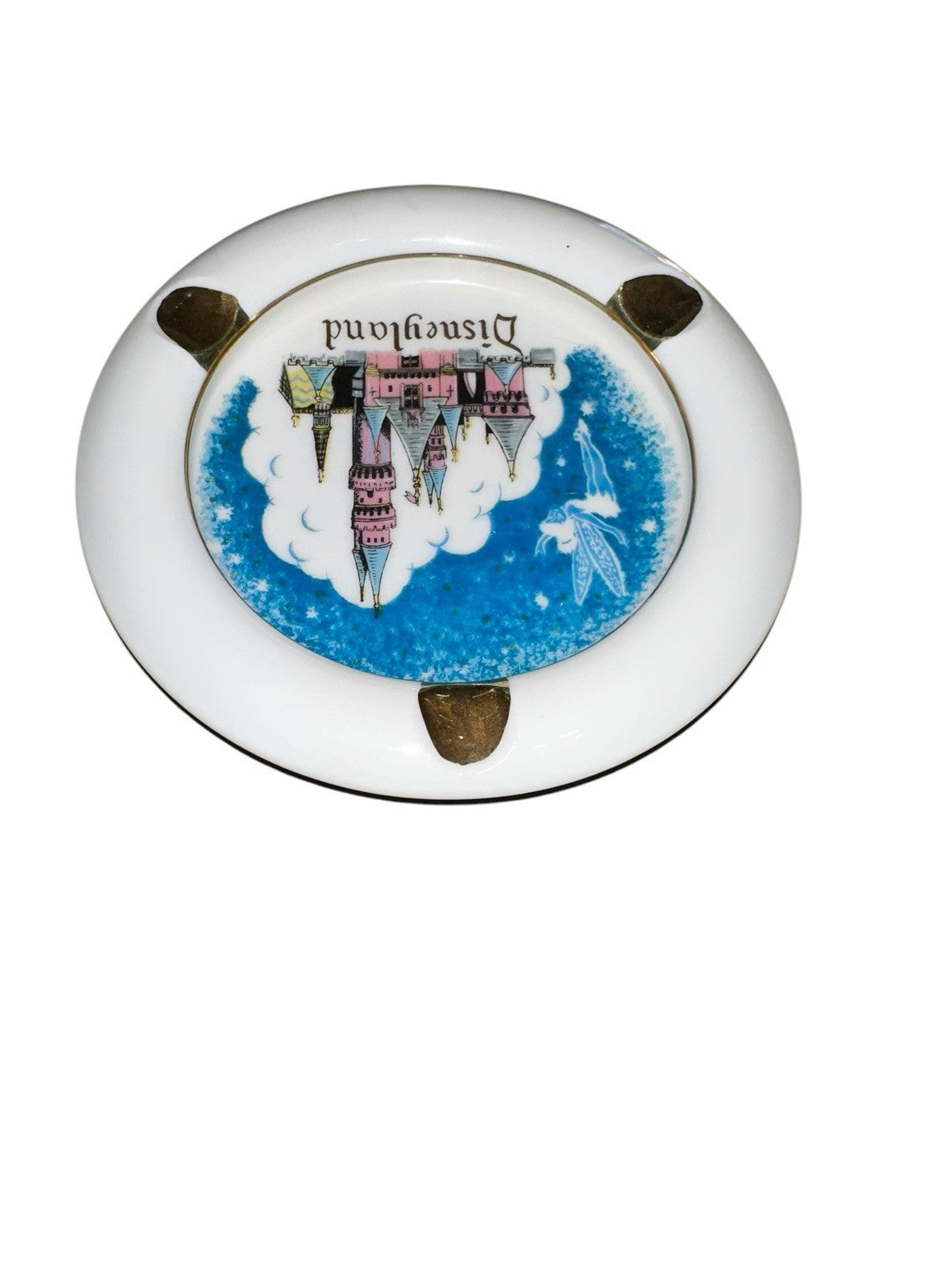 Ashtray Tinkerbell Gold Pink Aqua Colors Ceramic 5" Disneyland Castle Vtg