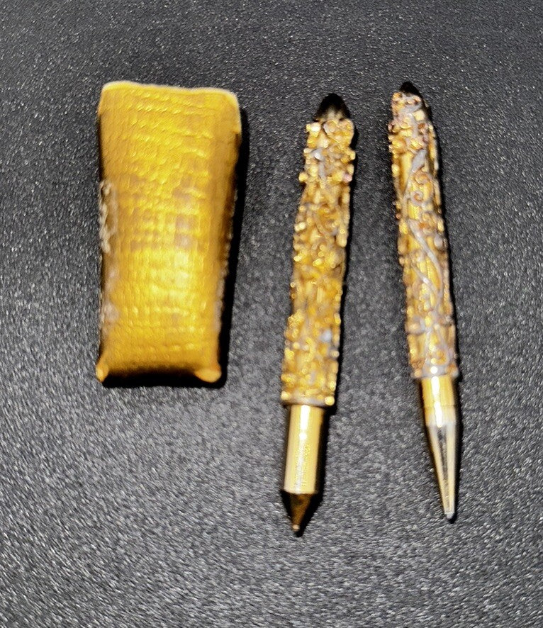Antique Mini Pen & Pencil Set w Pouch Gold Gilt Filigree Red & Blue Rhinestone