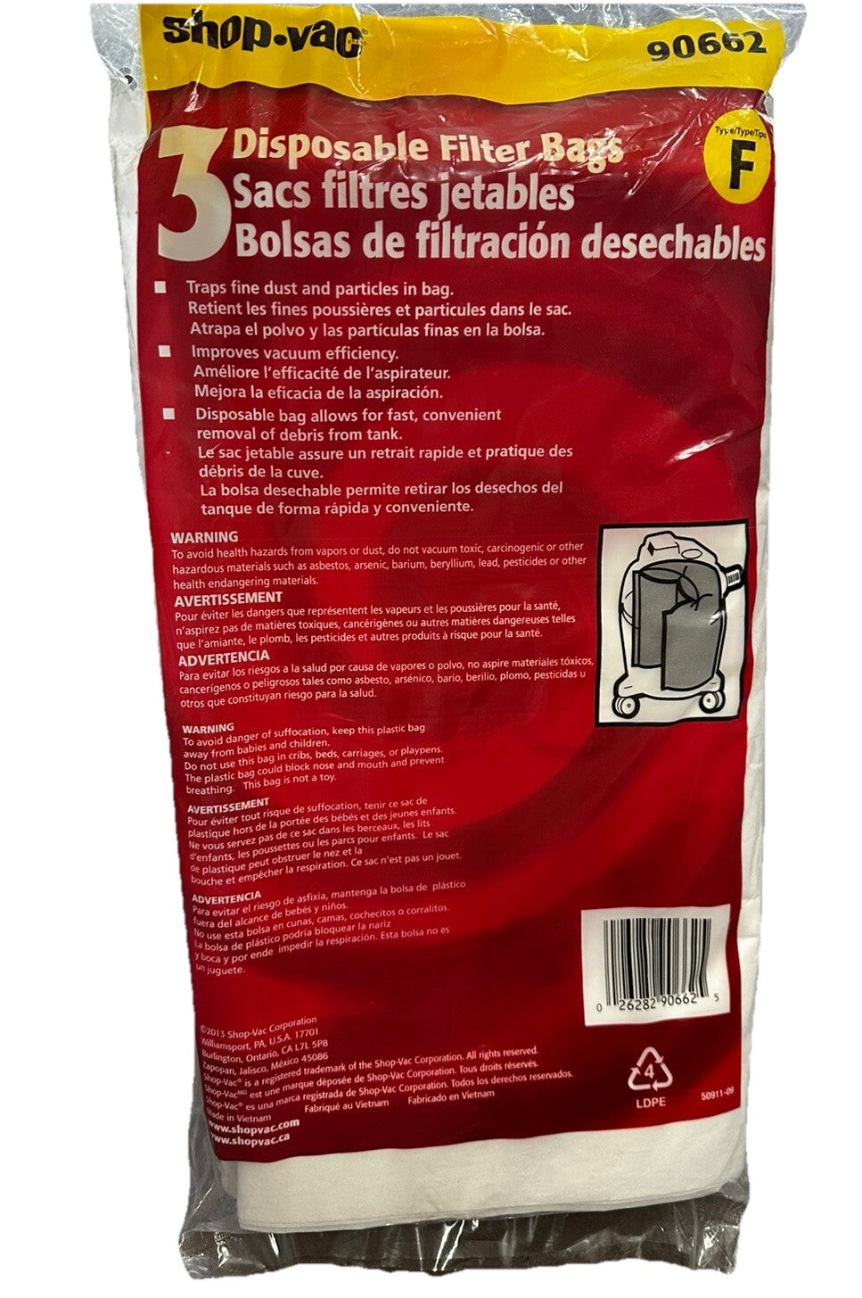 Shop Vac 90662 10-14 Gallon Disposable Vacuum Cleaner Filter Bags Package 3 New