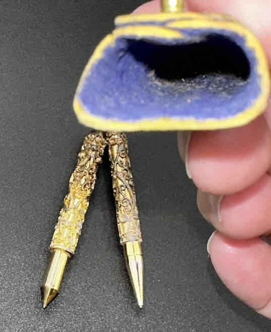 Antique Mini Pen & Pencil Set w Pouch Gold Gilt Filigree Red & Blue Rhinestone