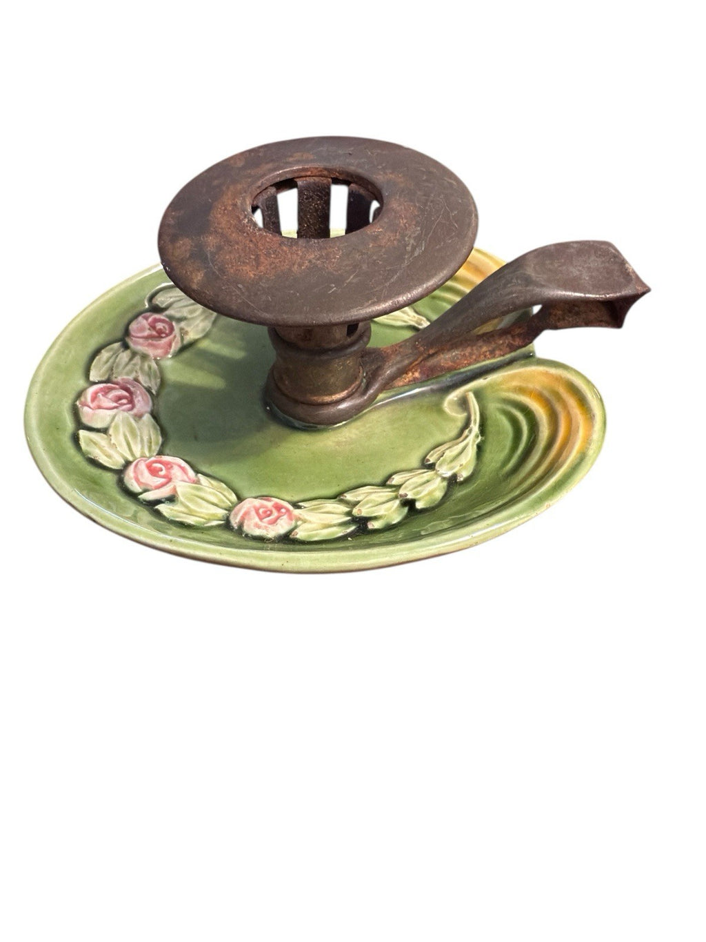 Candle Holder Green Base Decorated With Pink Roses And Metal Top And Handle Vtg