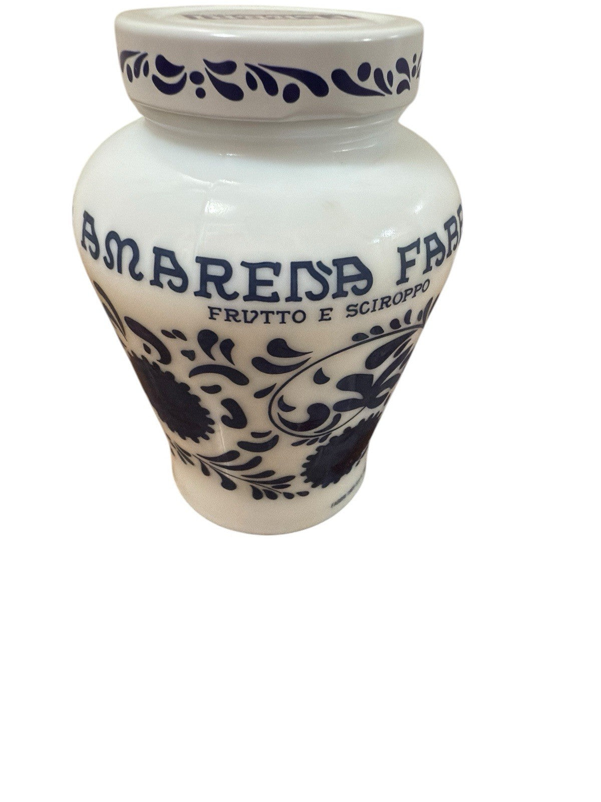 Amarena Fabbri Milk Glass Jar "Empty" Cherries Blue White Floral 5.25" H Italy