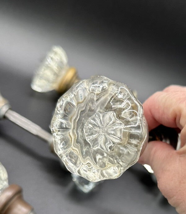 Antique Door Knobs Brass Collar & Spindles Hardware 7 Sets Glass 12 pt