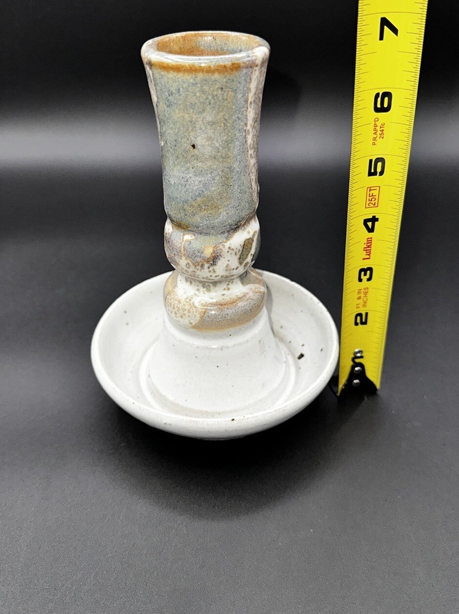 Candlestick Holder Studio Art Pottery Brown Gray Signed Vintage