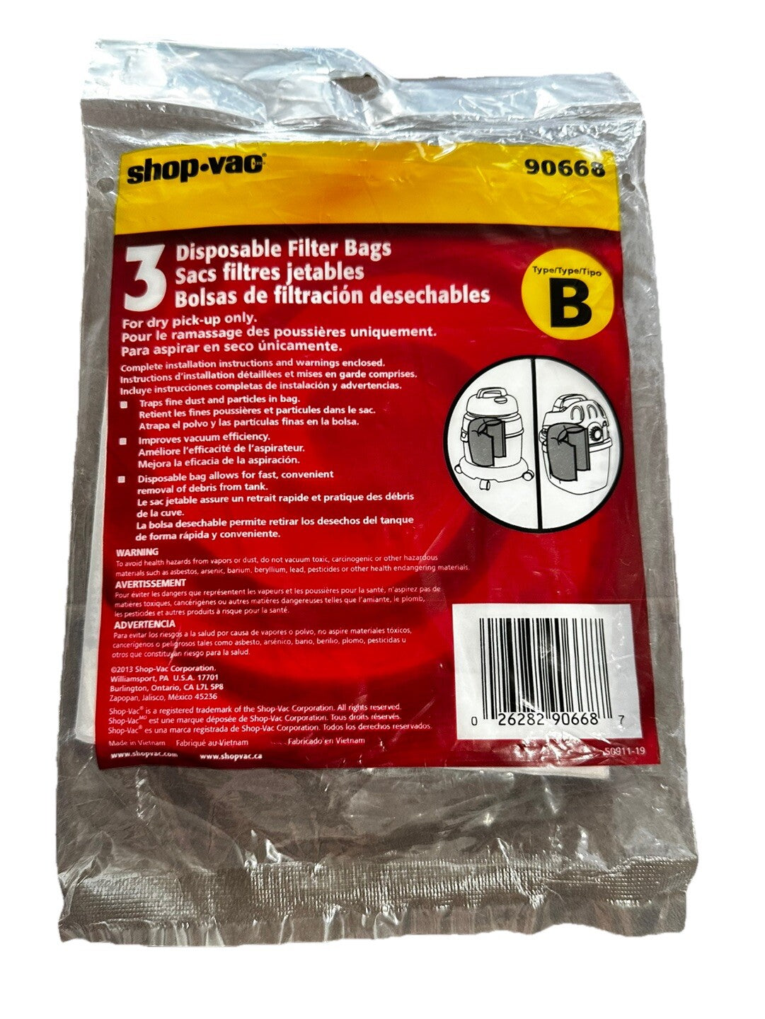 Bags for Shop Vac 2 Gal Type B All Around Vacuum Bag 90668 906-68 906-68-00 3PK