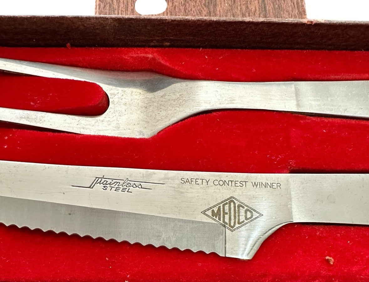 Carving Set Knife Fork Stainless Teak Medco Modern Japan 2 pc Steak Rib Vintage