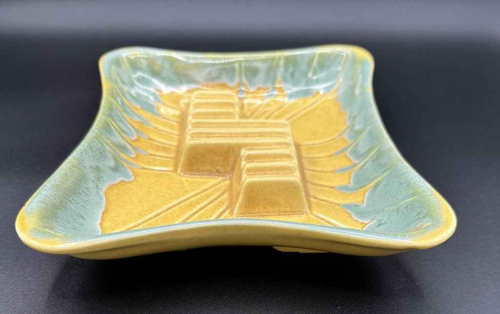 Ashtray USA Pottery 3419 Yellow Teal Green Drip Glaze 50s Vintage