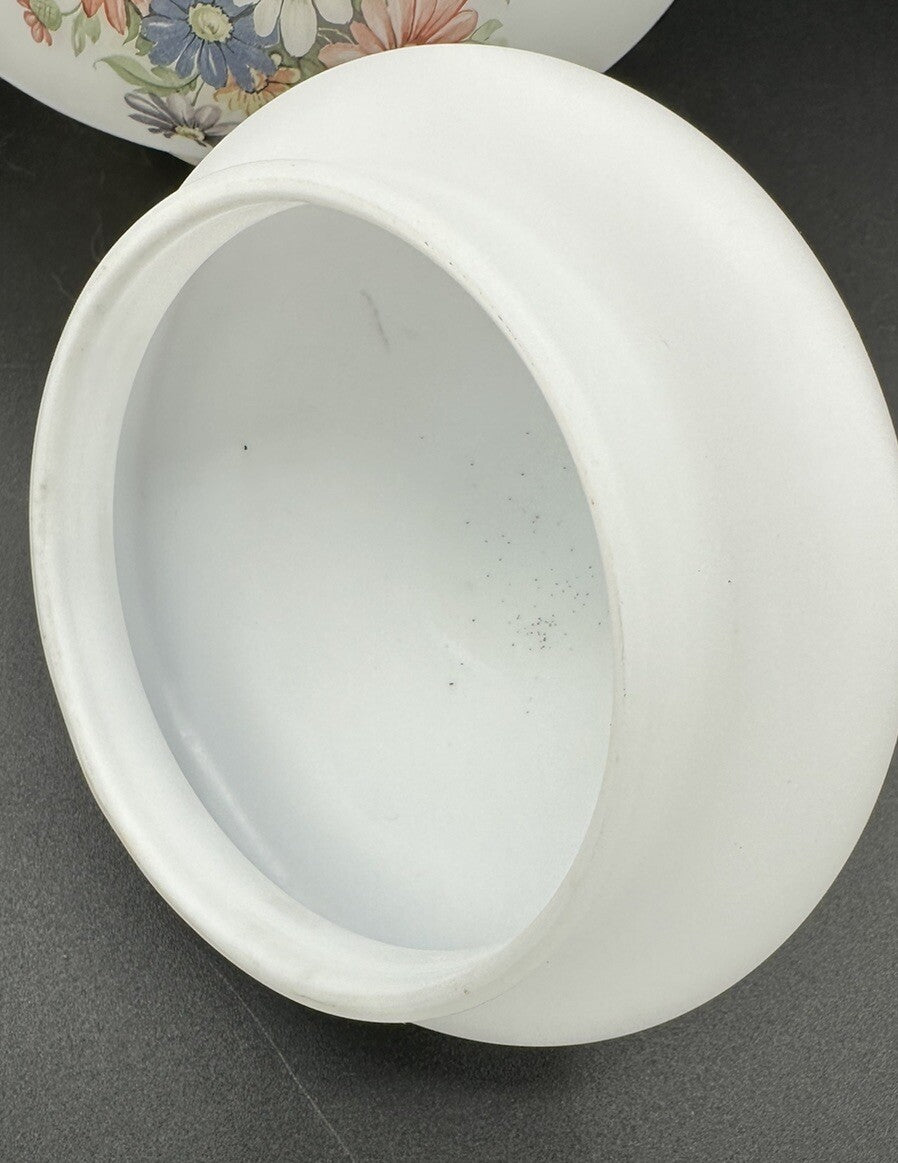 Candy Jar With Lid Flowers on frosty white Blown Heavy Glass Italy Vintage