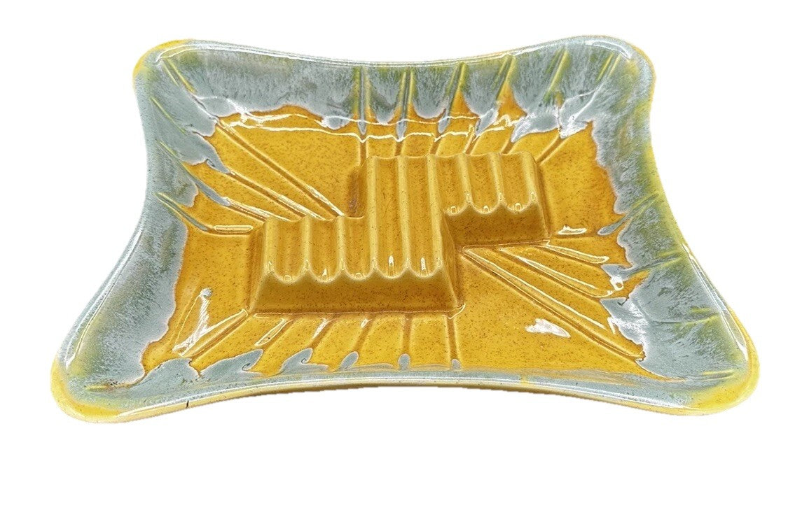 Ashtray USA Pottery 3419 Yellow Teal Green Drip Glaze 50s Vintage