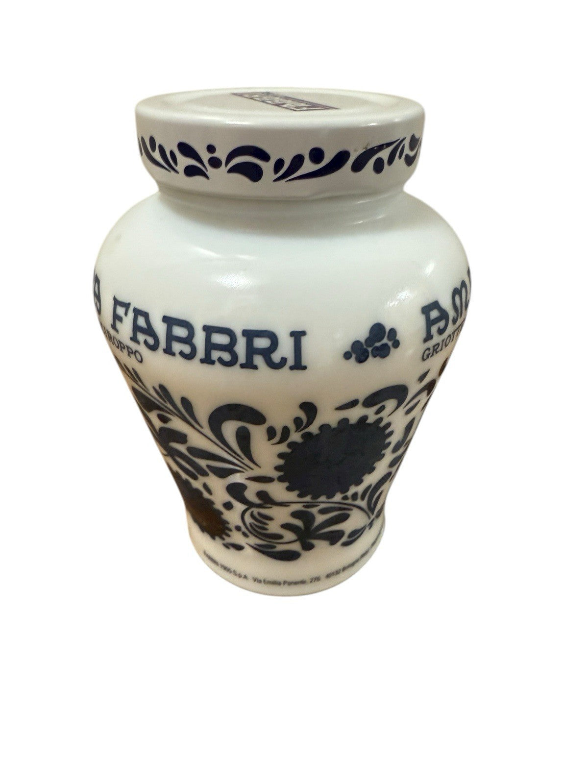 Amarena Fabbri Milk Glass Jar "Empty" Cherries Blue White Floral 5.25" H Italy