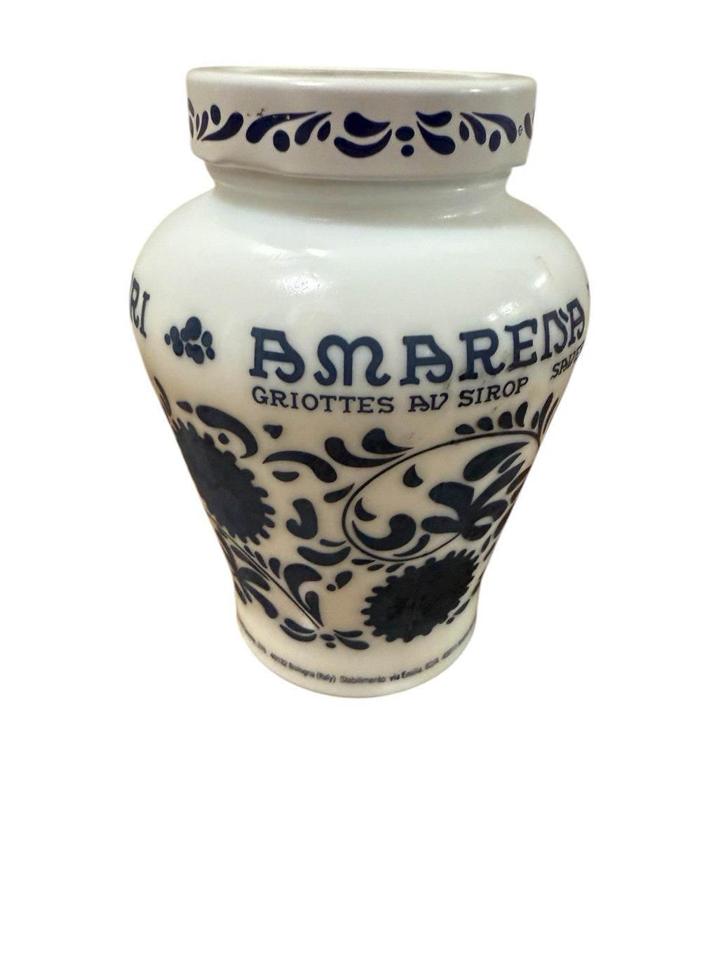 Amarena Fabbri Milk Glass Jar "Empty" Cherries Blue White Floral 5.25" H Italy