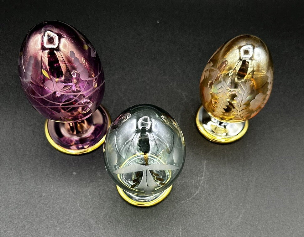 Eggs (3) Green, Gold, Purple Egypt Handcrafted Royal Limited Crystal Etched