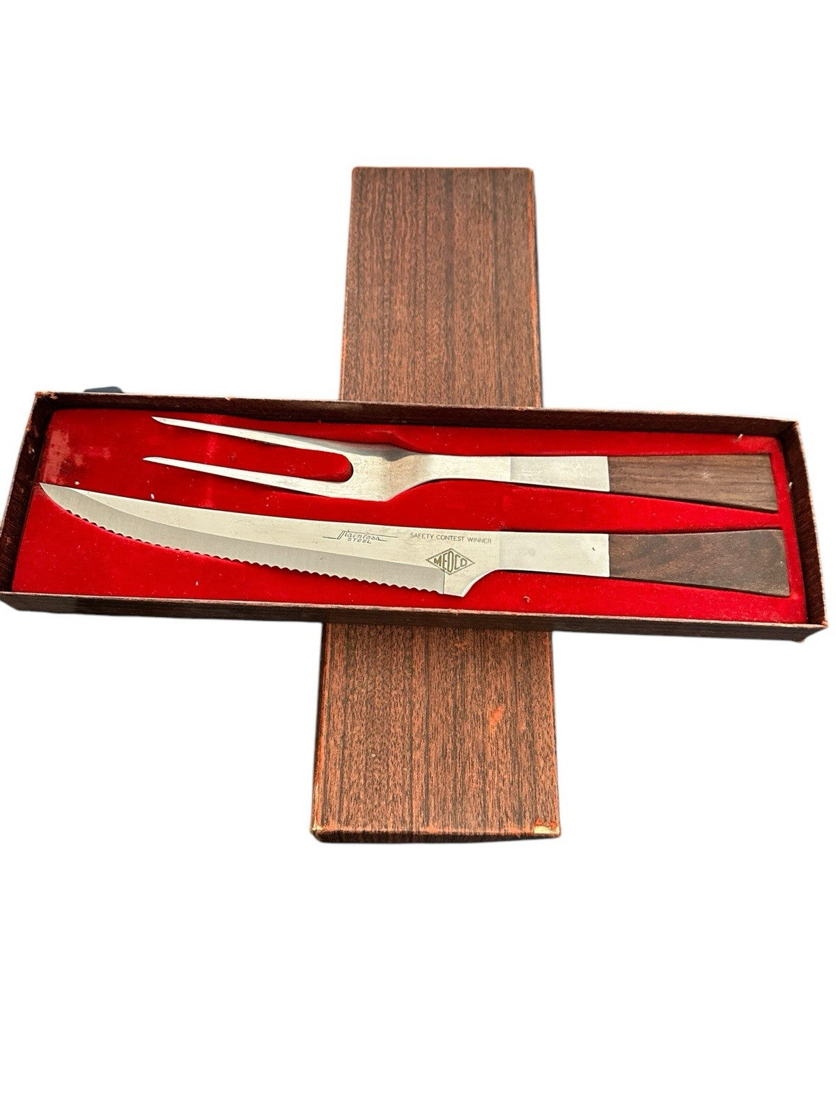 Carving Set Knife Fork Stainless Teak Medco Modern Japan 2 pc Steak Rib Vintage