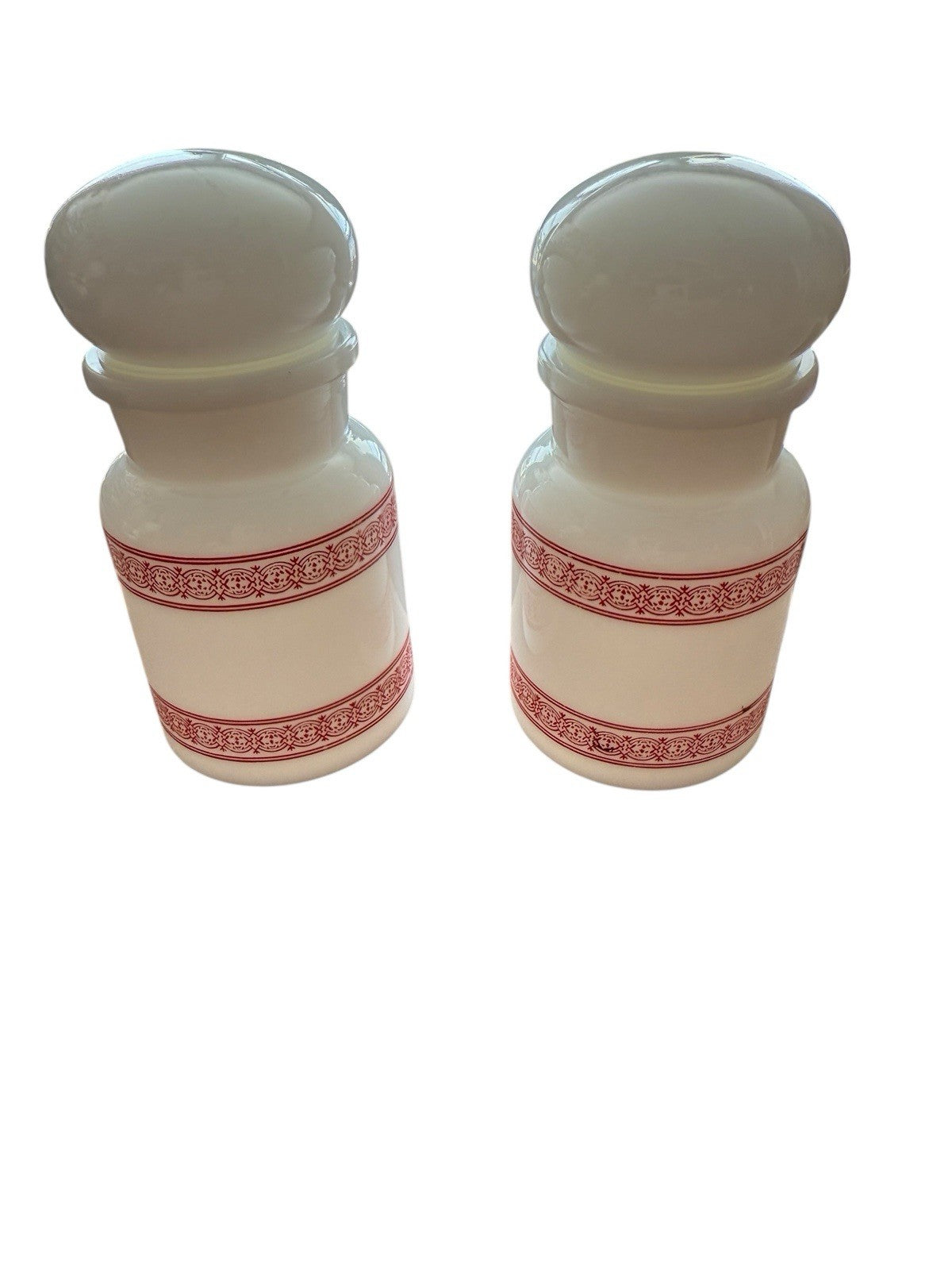 Apothecary Jar Red/White Pattern Set Of 2 Milk Glass Bubble Top Belgian Vintage