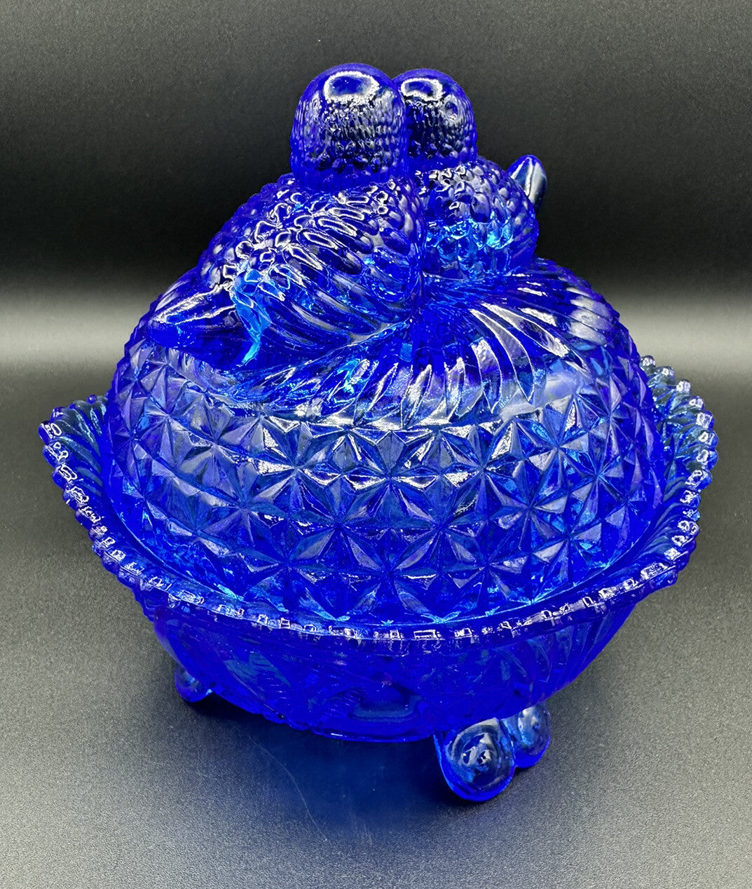Candy Dish Hofbauer Byrdes Cobalt Blue Glass 3 Footed Large Love Birds Vintage