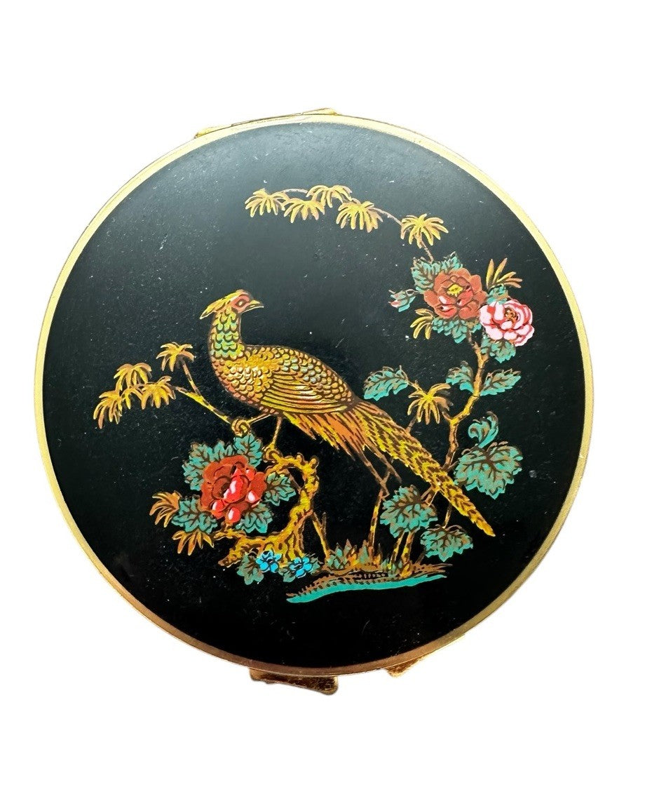Compact Mirror England Stratton Pheasant Black/Gold Enamel Face Powder Vintage