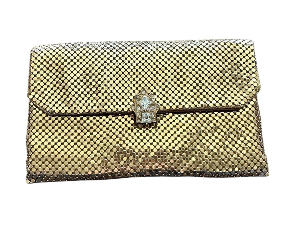 Clutch With Crystal Closure Whitting and Davis Gold Mesh Evening Vintage