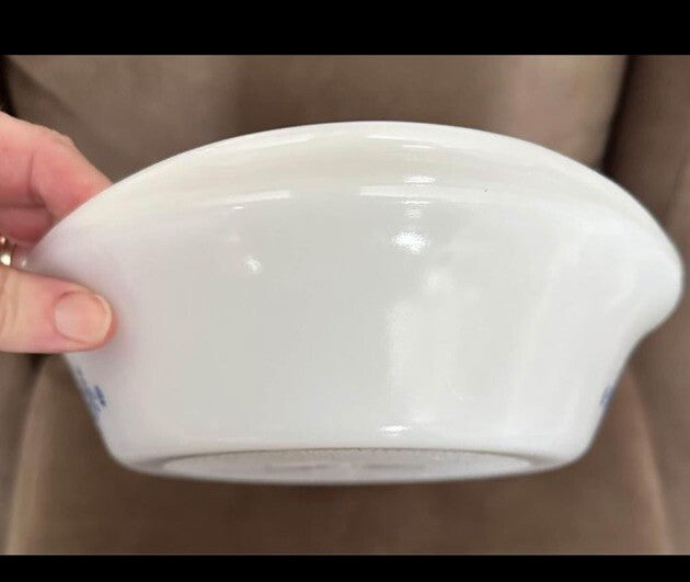 Casserole Split Dish White Blue Pinwheel J-239 Glasbake Oval Divided Vintage