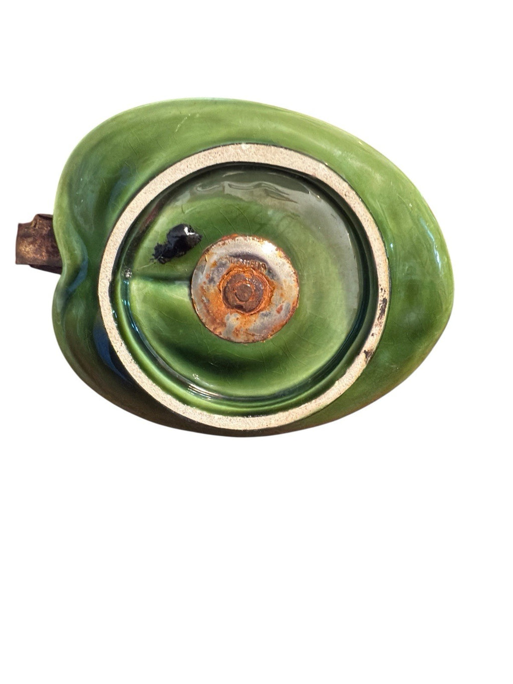 Candle Holder Green Base Decorated With Pink Roses And Metal Top And Handle Vtg