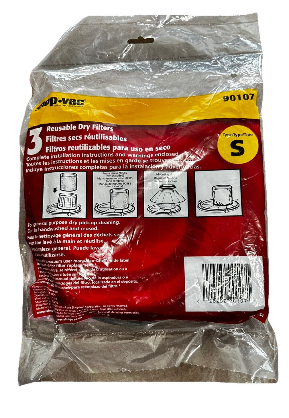 Shop Vac Genuine 901-07 90107 Reusable Dry Filter 3 Pack with Mounting Ring