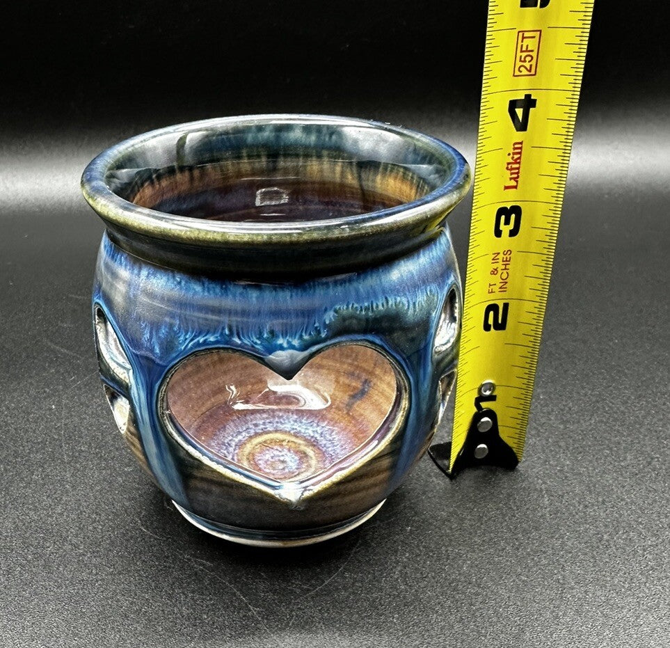 Art Pottery Votive Signed Olsen Blue Purple Maroon Heart Cut Out