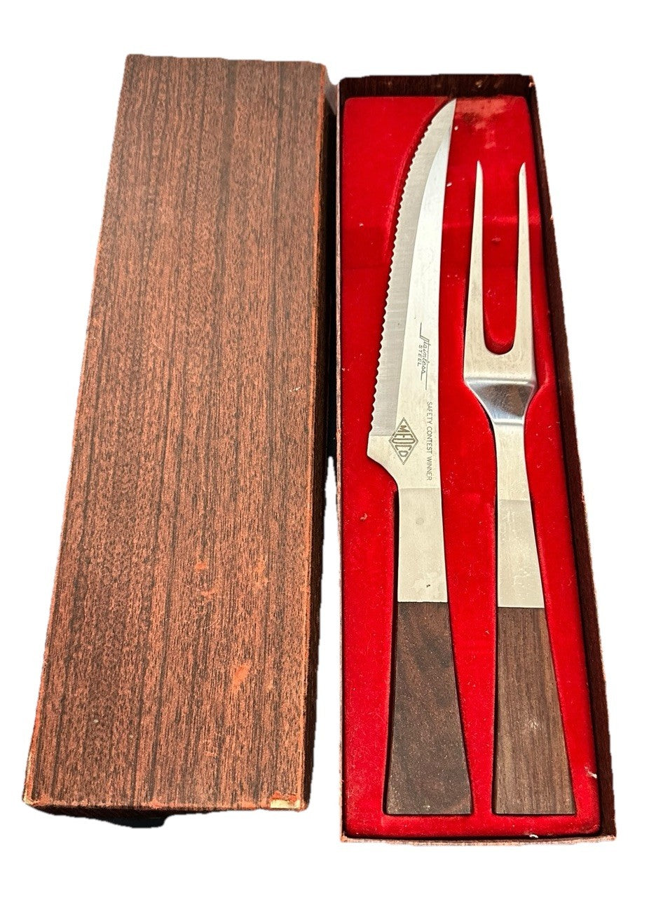 Carving Set Knife Fork Stainless Teak Medco Modern Japan 2 pc Steak Rib Vintage