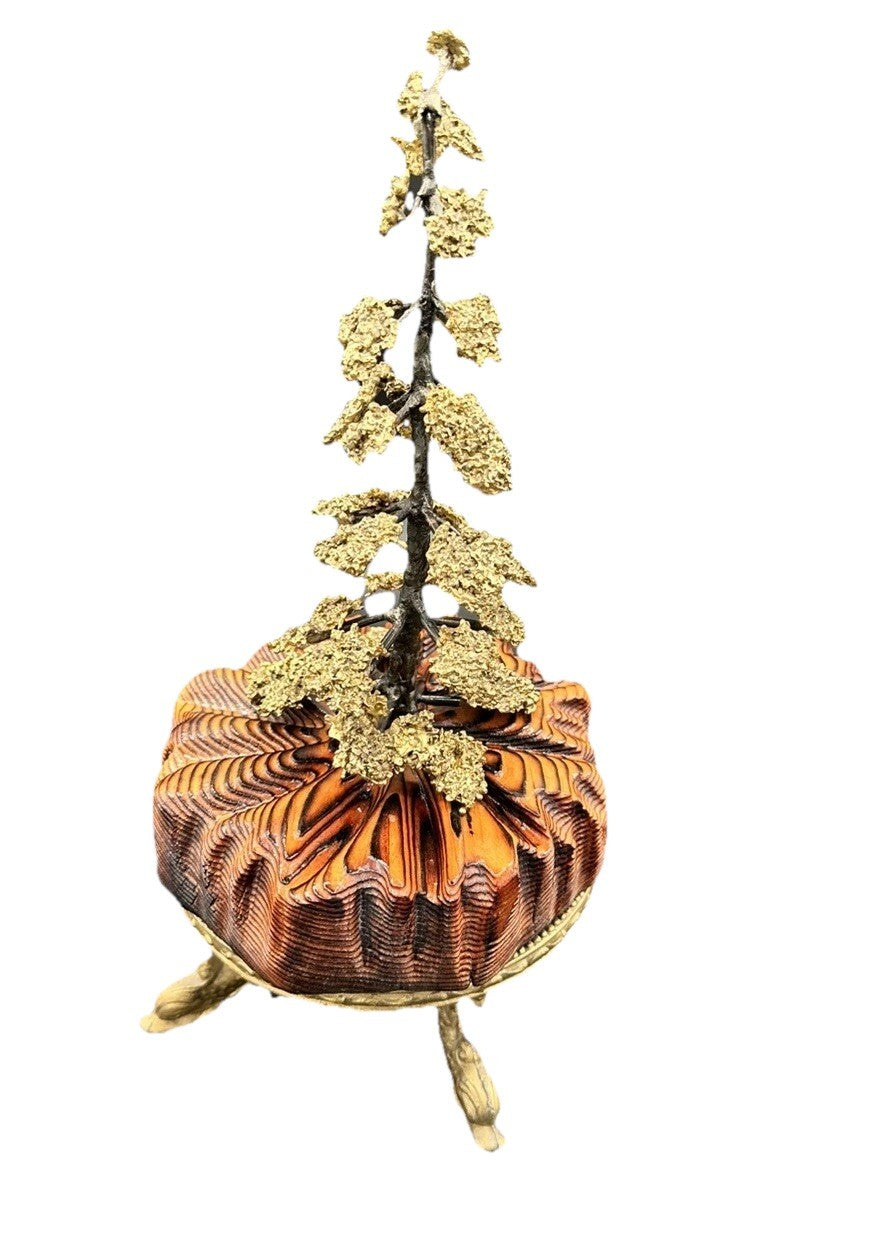 Bonsai Fur Tree Wood Base  10.75”Tall Handmade Hand Painted Bronze Vtg