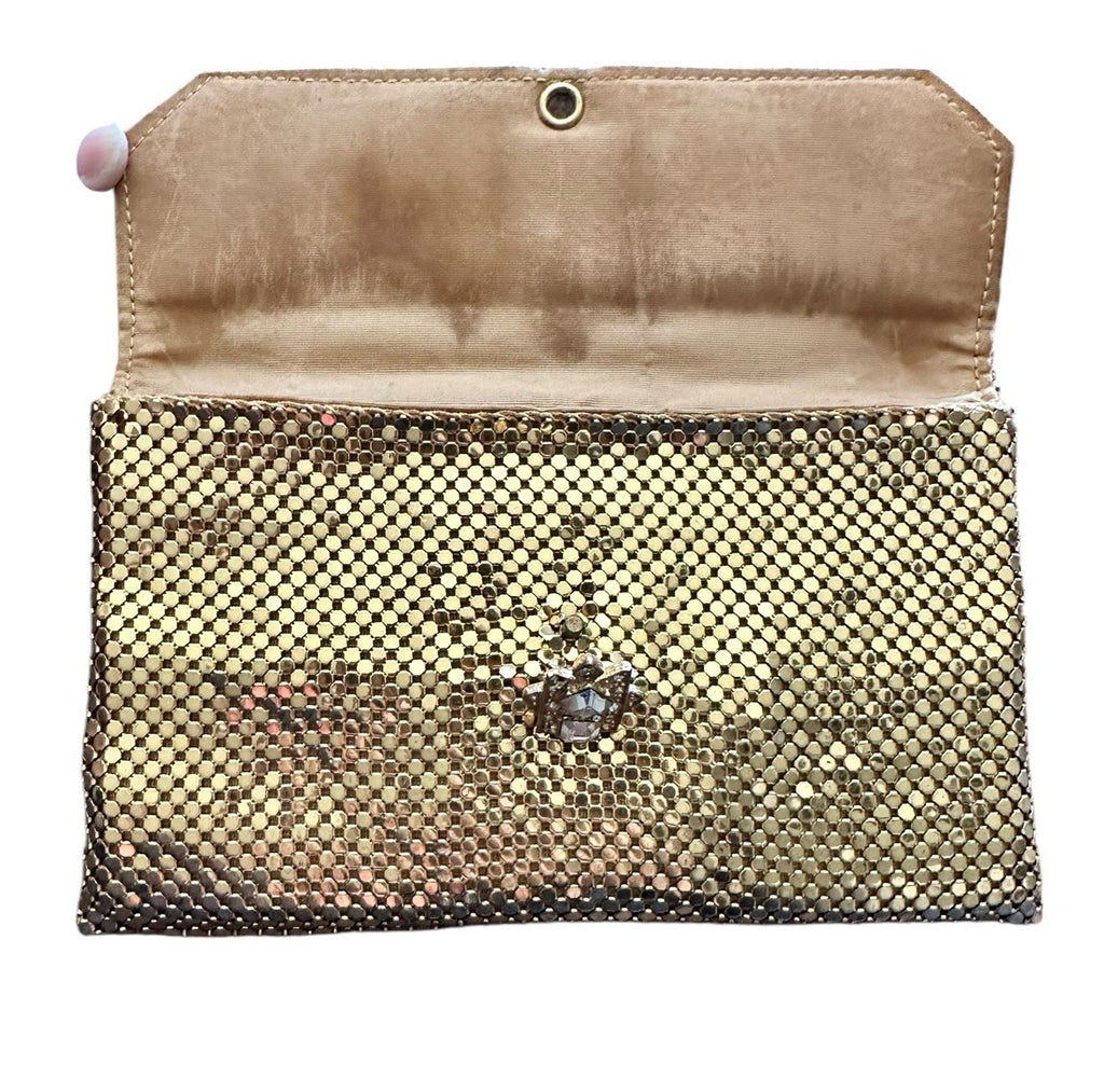 Clutch With Crystal Closure Whitting and Davis Gold Mesh Evening Vintage