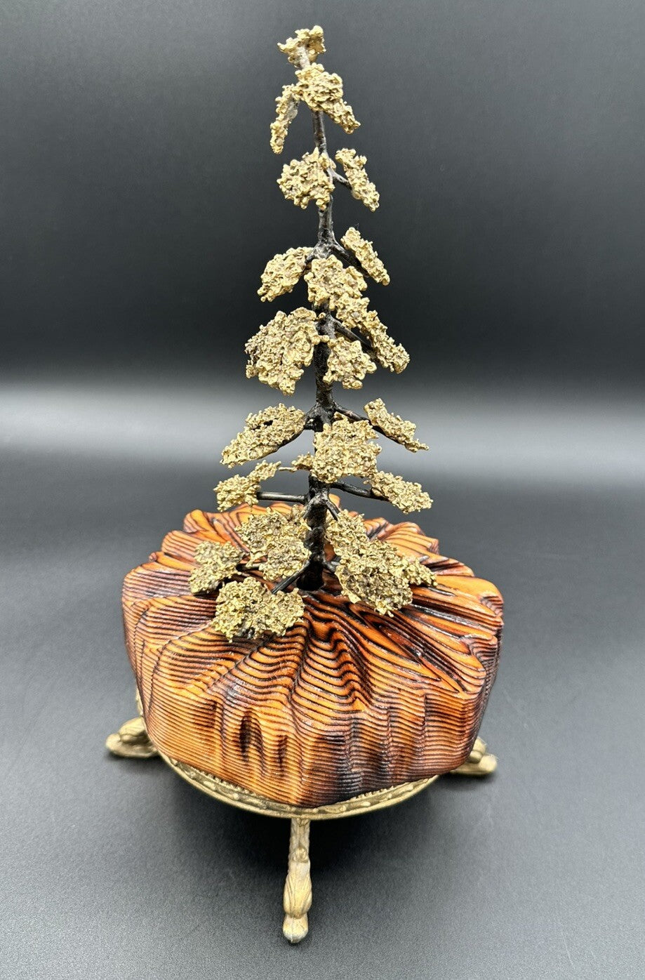 Bonsai Fur Tree Wood Base  10.75”Tall Handmade Hand Painted Bronze Vtg