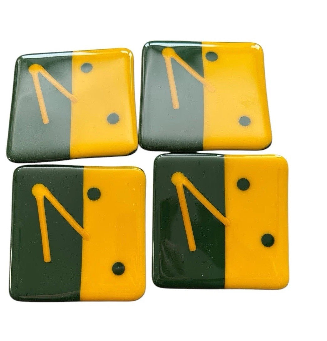 Art Glass Coasters Set Of 4 Green & Yellow Fused Dichoric 4”x4”