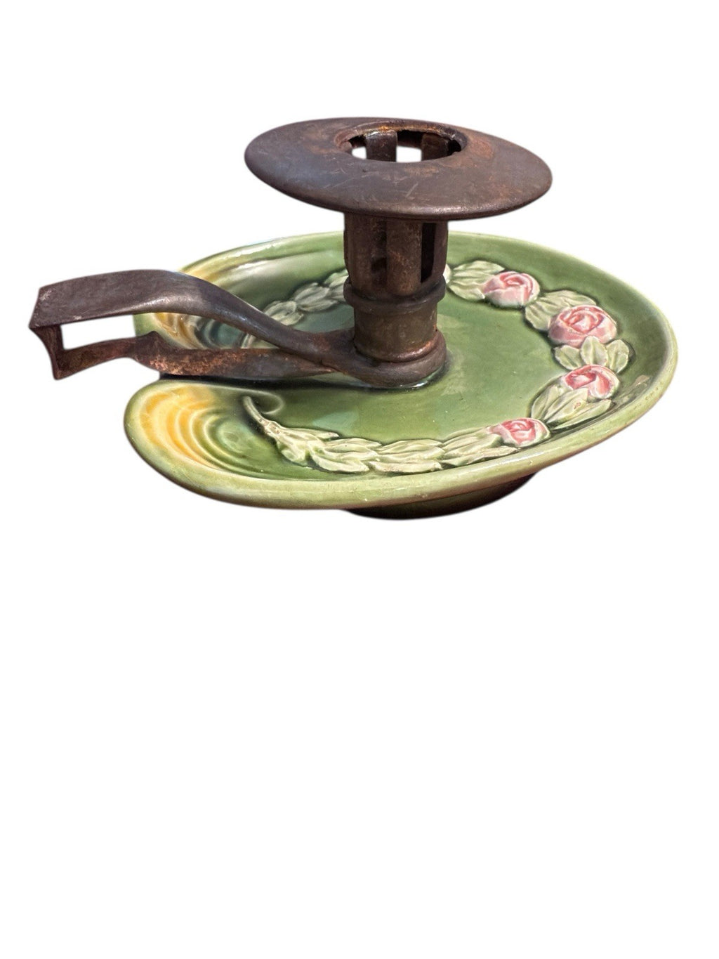Candle Holder Green Base Decorated With Pink Roses And Metal Top And Handle Vtg