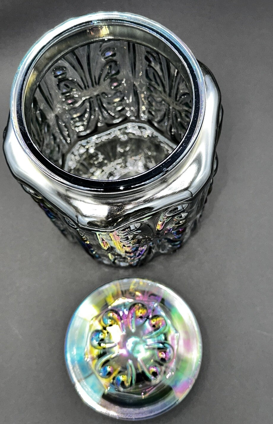 Cookie Jar Canister Carnival Glass Purple Iridescent Embossed Rainbow Vintage