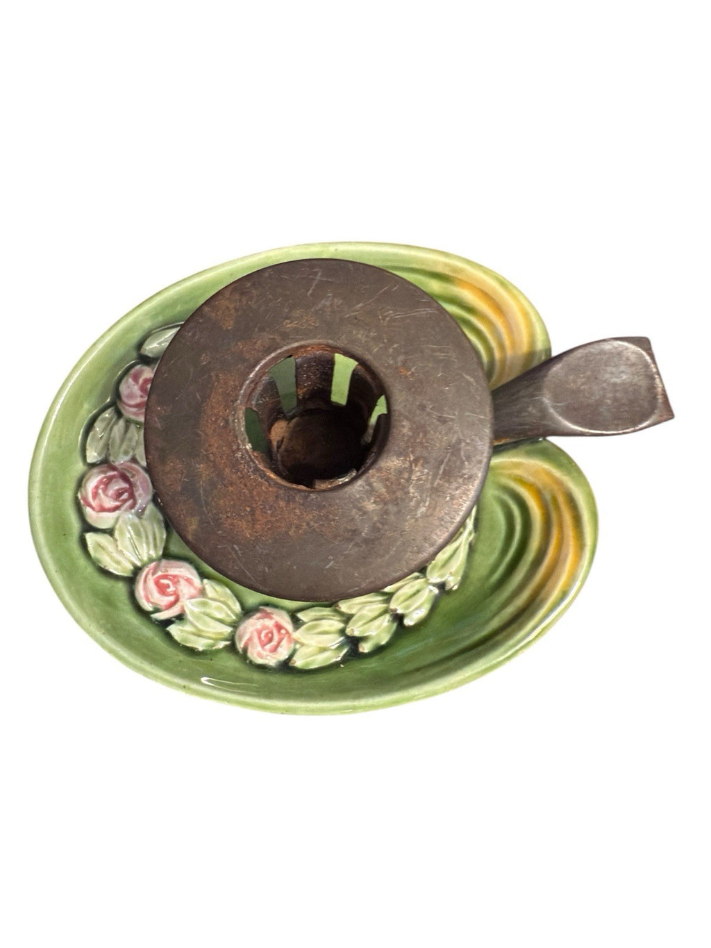 Candle Holder Green Base Decorated With Pink Roses And Metal Top And Handle Vtg